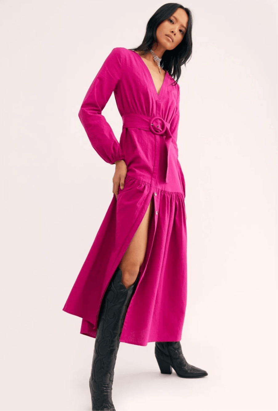 Free People Kendra Midi Dress Belted Button Front Long Sleeve in Magenta Size XS
